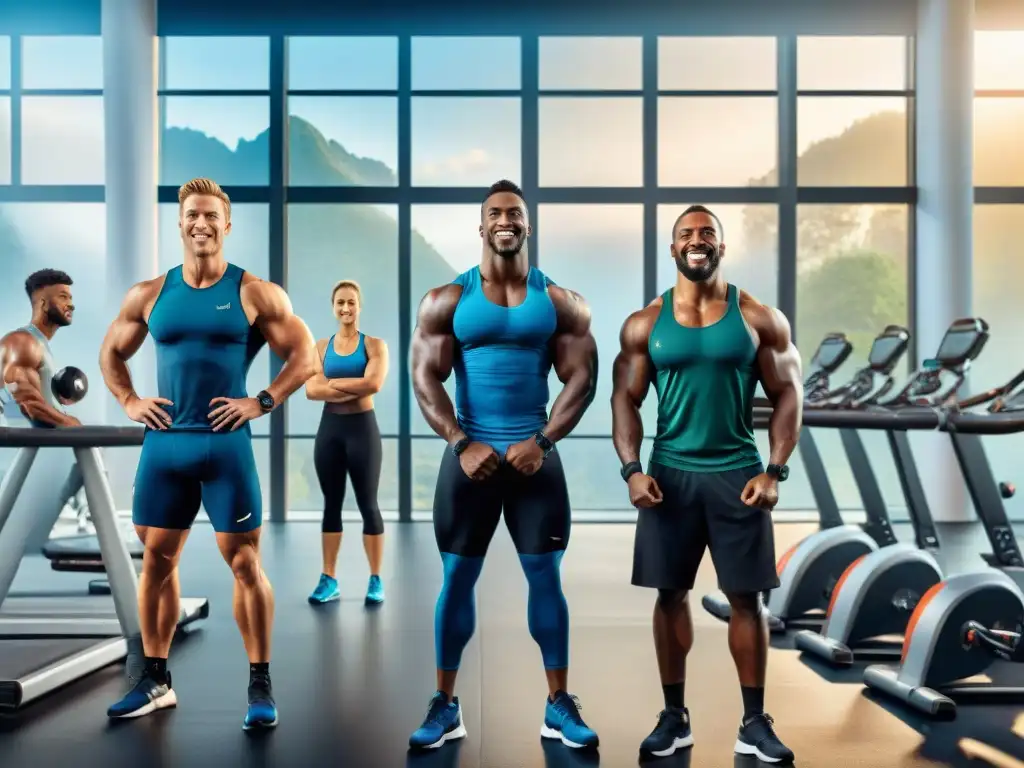 Un grupo diverso de atletas sonrientes se dan la mano en un gimnasio vibrante