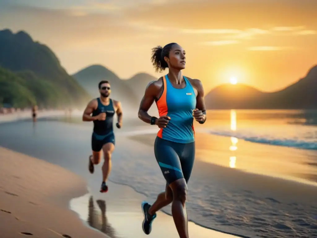 Un grupo diverso de atletas se hidrata con suplementos electrolíticos sin gluten tras un intenso entrenamiento al atardecer en la playa