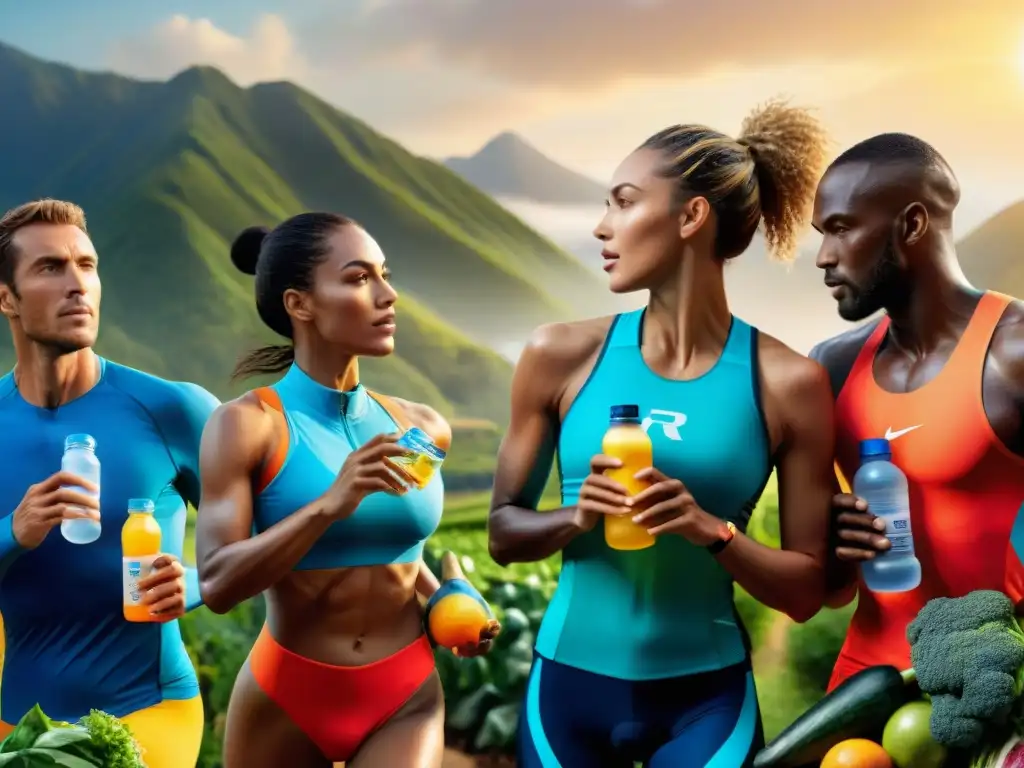 Un grupo diverso de atletas en acción con suplementos electrolíticos sin gluten, rodeados de frutas y verduras coloridas y un amanecer vibrante