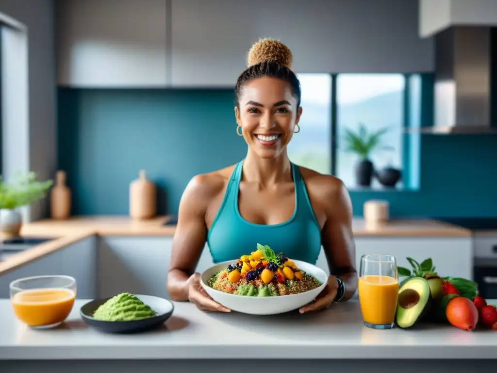 Un grupo diverso de atletas veganos disfruta de recetas sin gluten postentrenamiento en una cocina vibrante y saludable