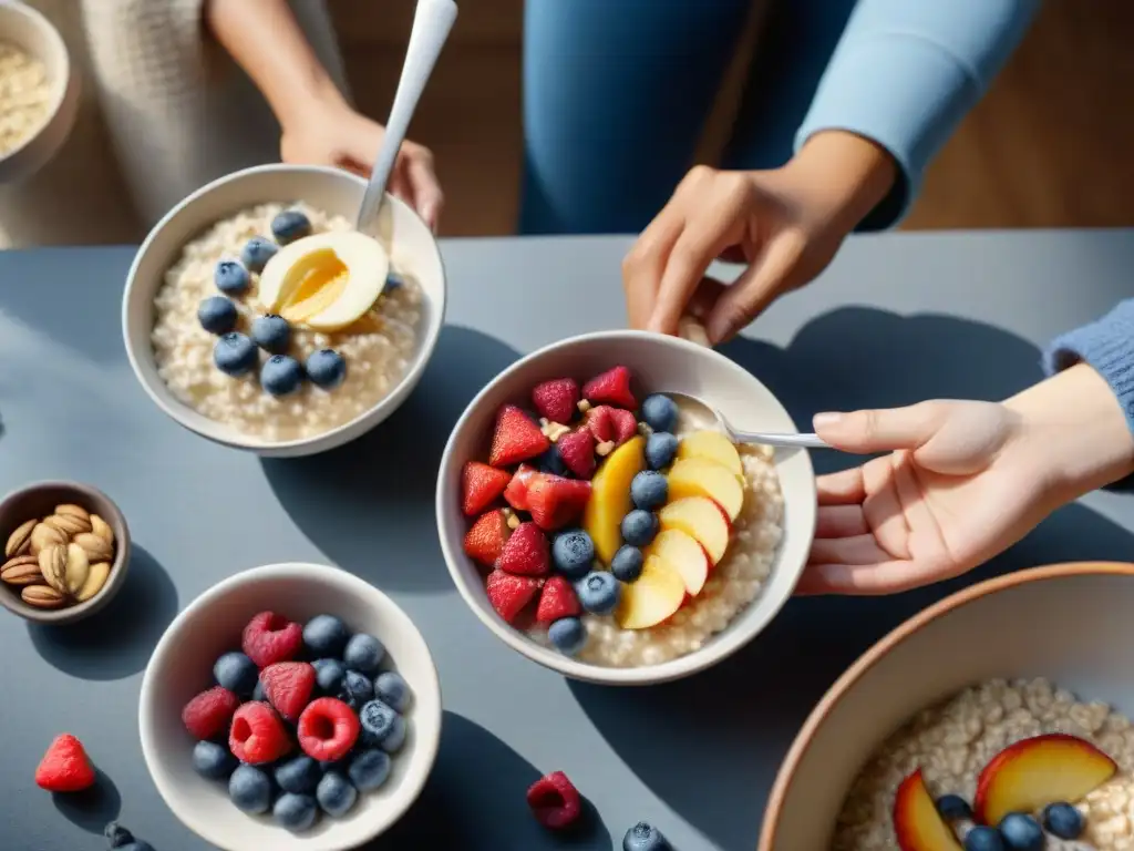 Un grupo diverso disfruta de avena sin gluten de distintas marcas en una cocina acogedora