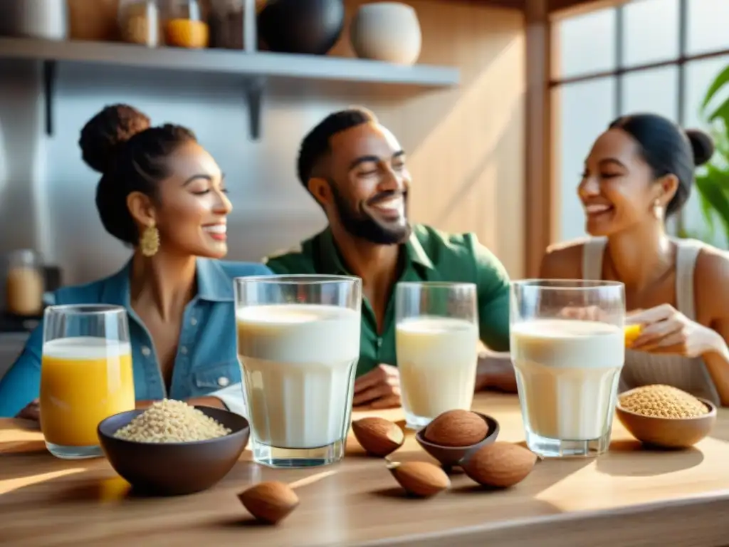 Un grupo diverso disfruta bebidas vegetales sin gluten en una cocina moderna y soleada