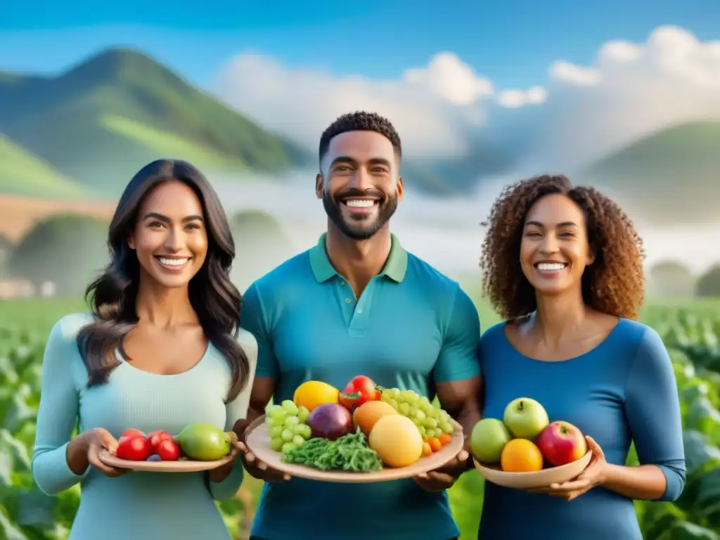 Un grupo diverso sonríe en un campo verde, sosteniendo platos de alimentos saludables sin gluten bajo el sol