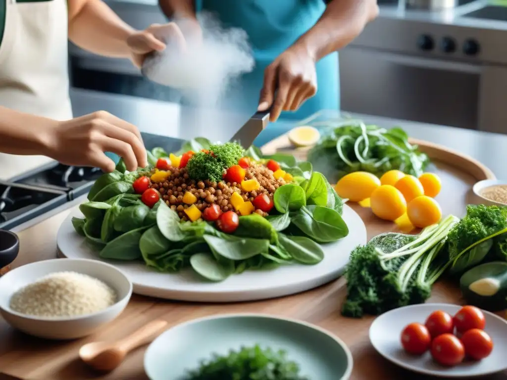 Un grupo diverso con celíacos felices cocinando juntos en una cocina moderna y luminosa