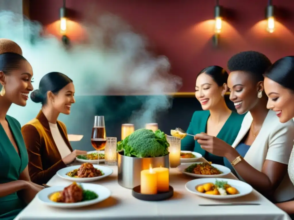 Un grupo diverso disfruta de una cena, revisando con confianza menús y alimentos sin gluten