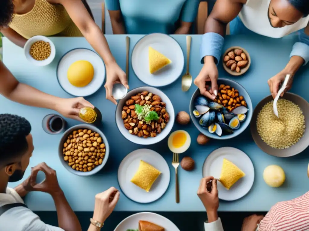 Grupo diverso cena leyendo etiquetas, platos con alérgenos inesperados