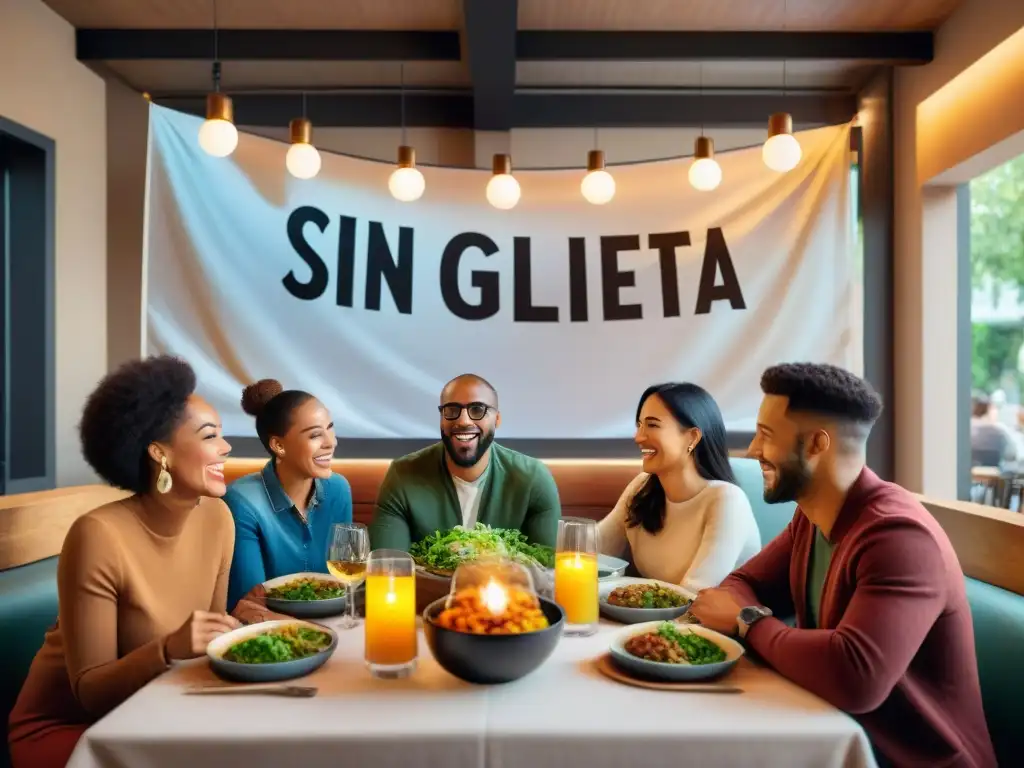 Grupo diverso disfruta cena sin gluten en restaurante acogedor