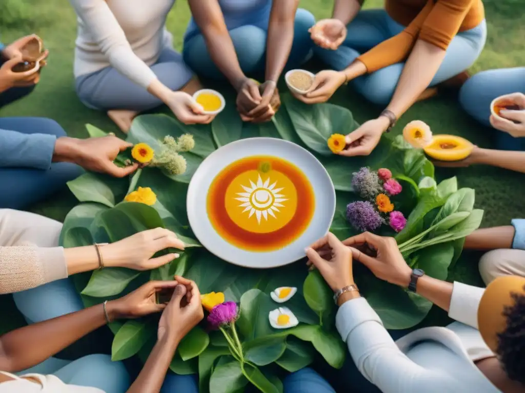 Grupo diverso disfruta de una cena mindfulness sin gluten, rodeados de naturaleza