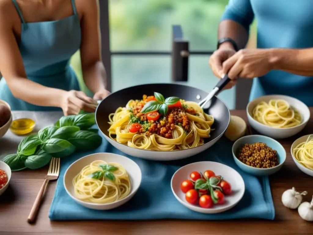 Grupo diverso disfruta de una cena de pastas sin gluten en comunidad