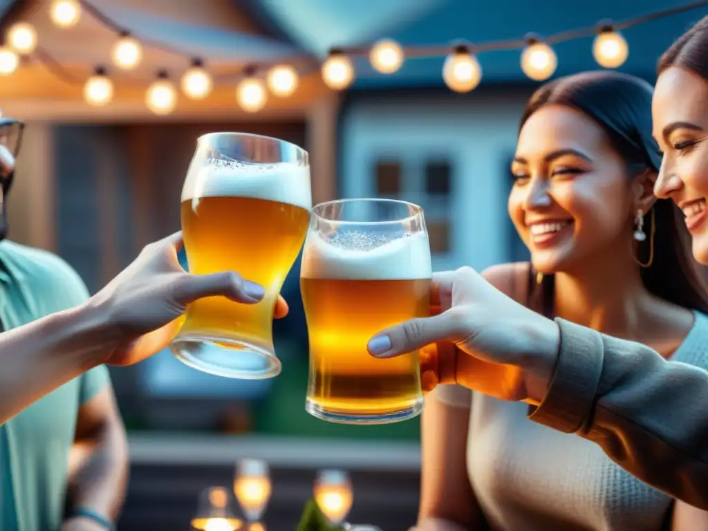 Un grupo diverso celebra con cerveza casera sin gluten fermentada en un patio acogedor iluminado por luces cálidas