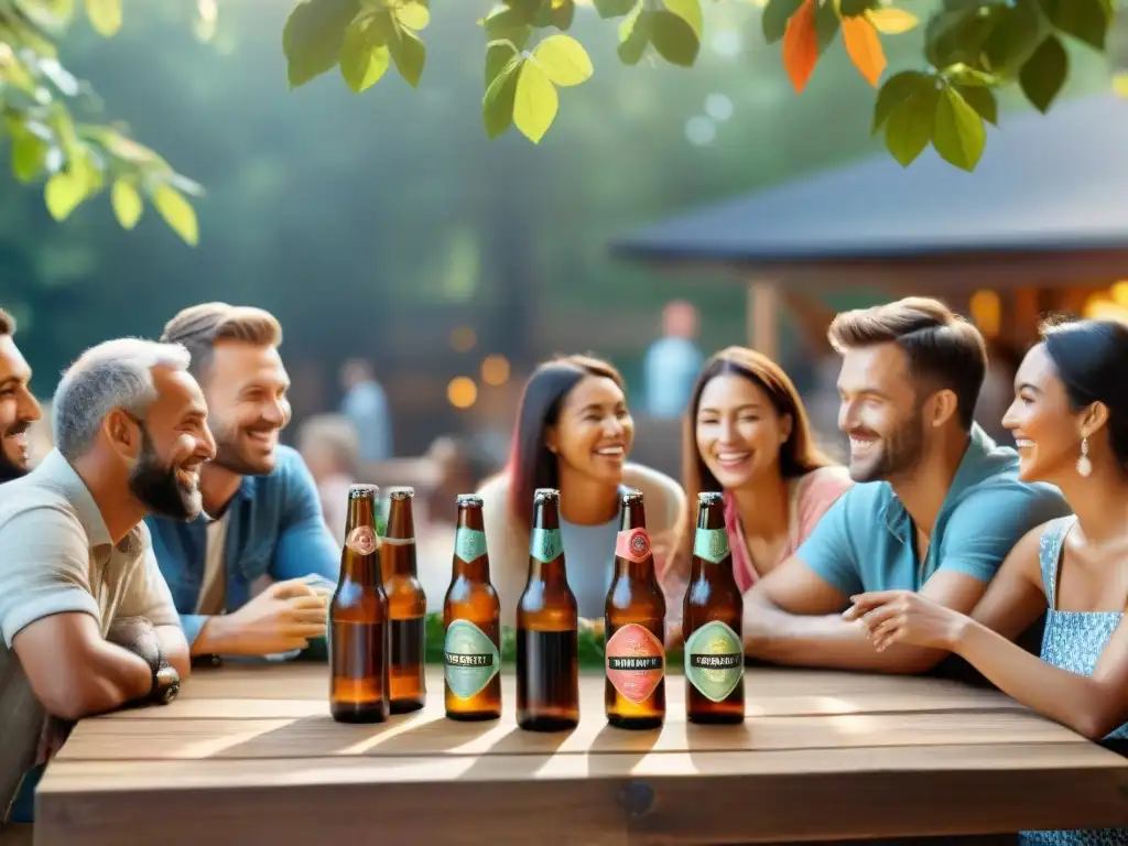 Grupo diverso disfruta cervezas artesanales sin gluten en jardín cervecero al aire libre