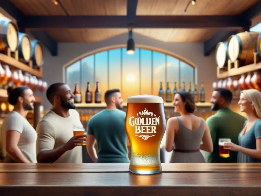 Un grupo diverso brinda con cervezas artesanales sin gluten en una cervecería rústica iluminada por el sol