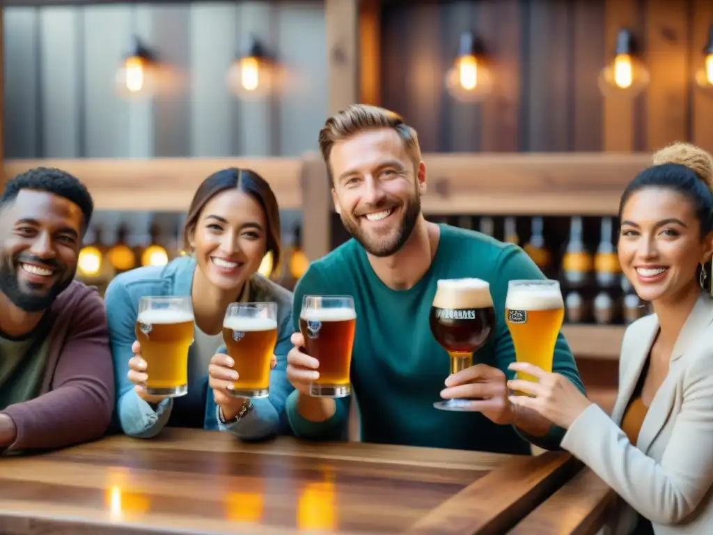 Un grupo diverso disfruta cervezas artesanales sin gluten en una acogedora cervecería, brindando con alegría