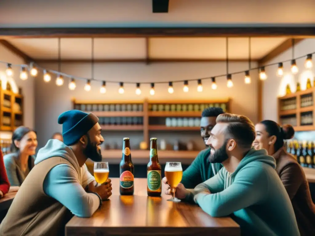 Un grupo diverso celebra con cervezas artesanales sin gluten en una cervecería acogedora y trendy