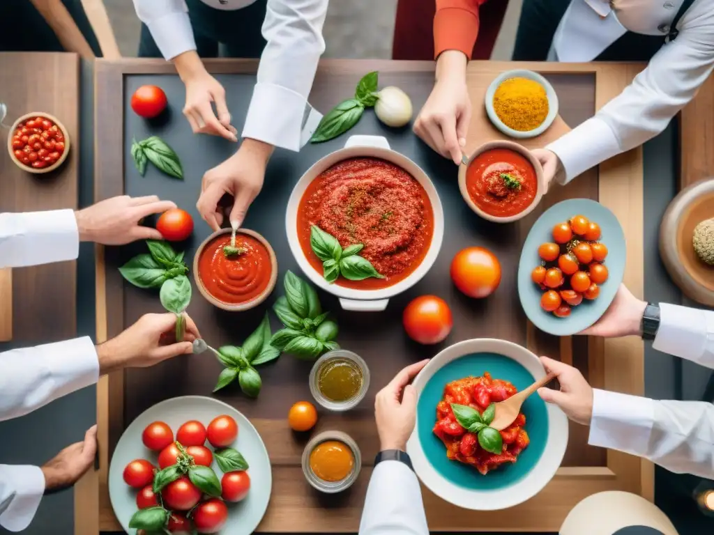 Un grupo diverso de chefs y amantes de la comida prueban y discuten salsas de tomate sin gluten en una mesa de madera