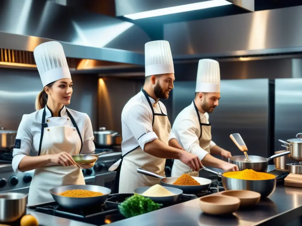 Un grupo diverso de chefs amateur cocinando sin gluten con pasión en una cocina moderna