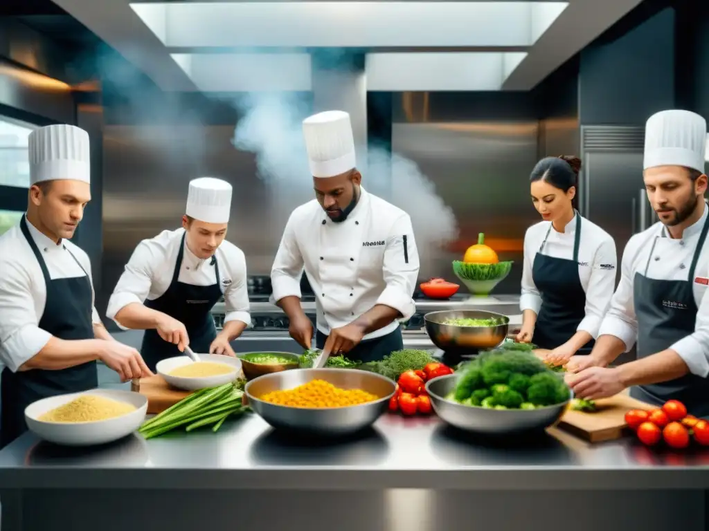 Un grupo diverso de chefs amateur preparan con pasión platos sin gluten en una cocina moderna y equipada