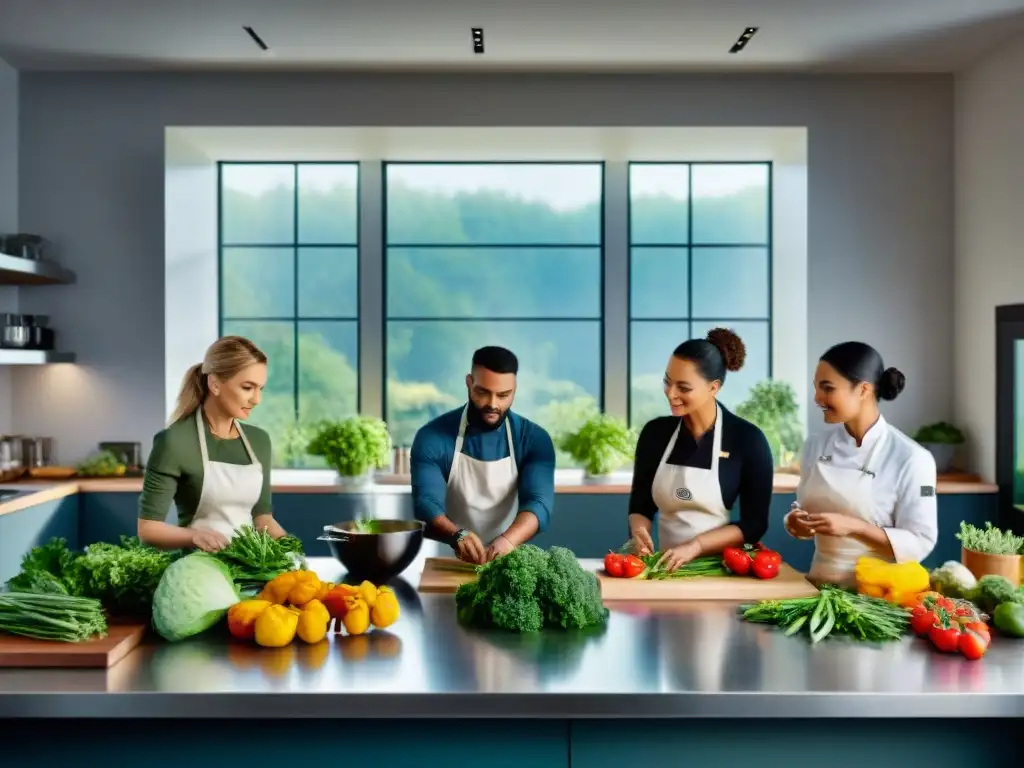 Un grupo diverso de chefs amateurs cocinando apasionadamente en una cocina moderna, usando ingredientes frescos sin gluten