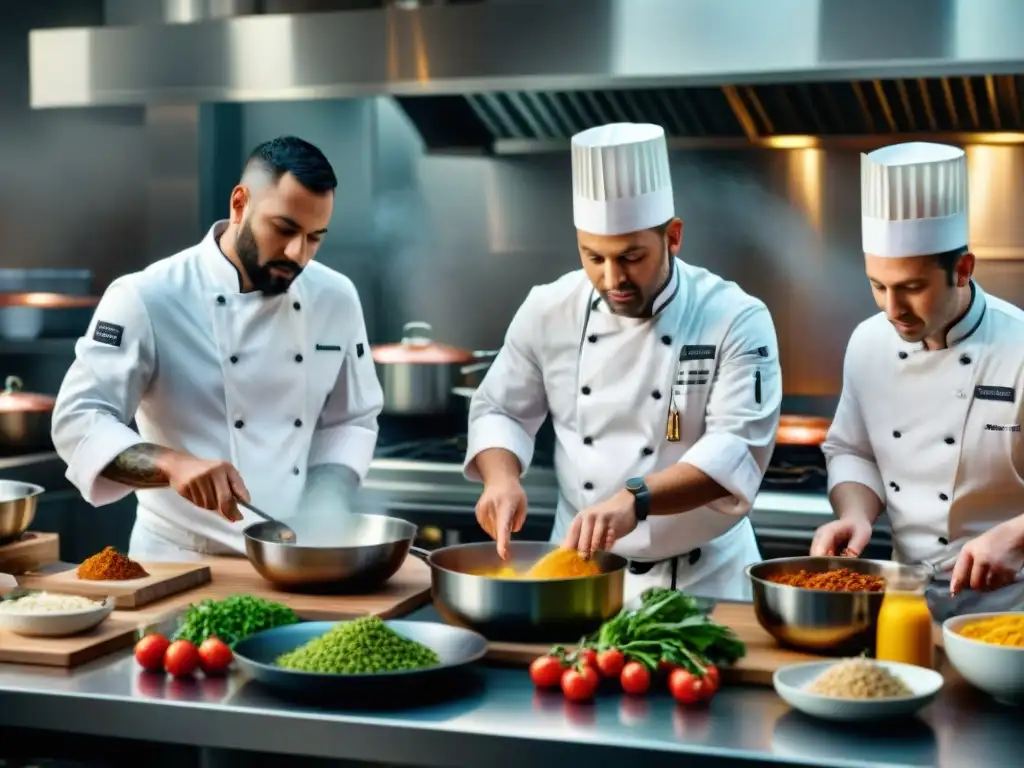 Un grupo diverso de chefs apasionados preparando platos sin gluten en una cocina profesional