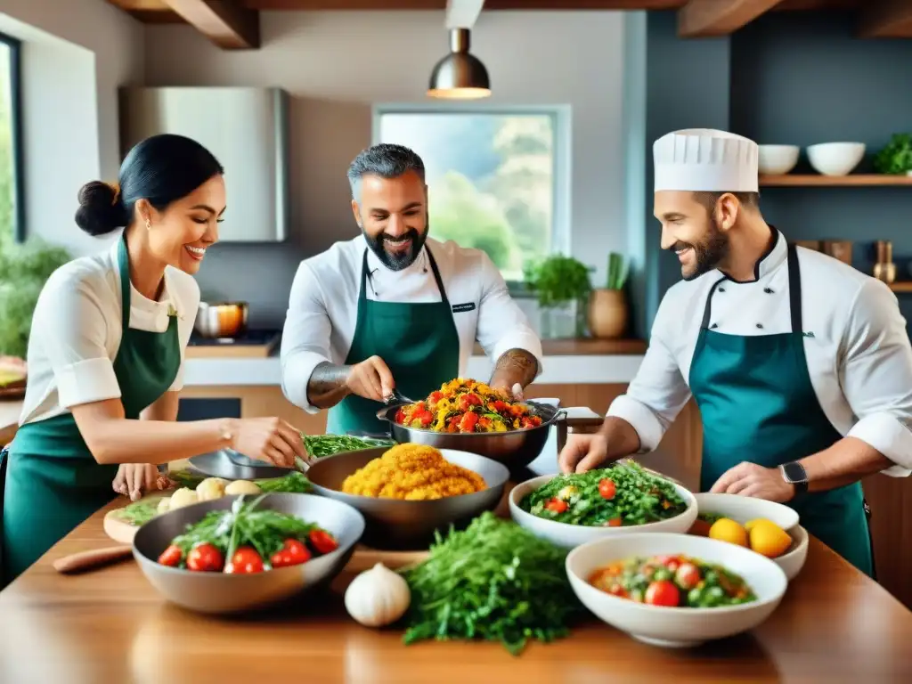 Un grupo diverso de chefs y celebridades comparten en una mesa llena de delicias sin gluten