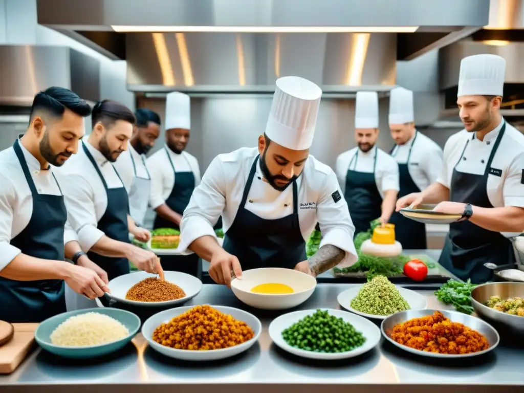 Un grupo diverso de chefs en una cocina moderna creando un platillo sin gluten con sabor, mostrando inclusividad y pasión culinaria