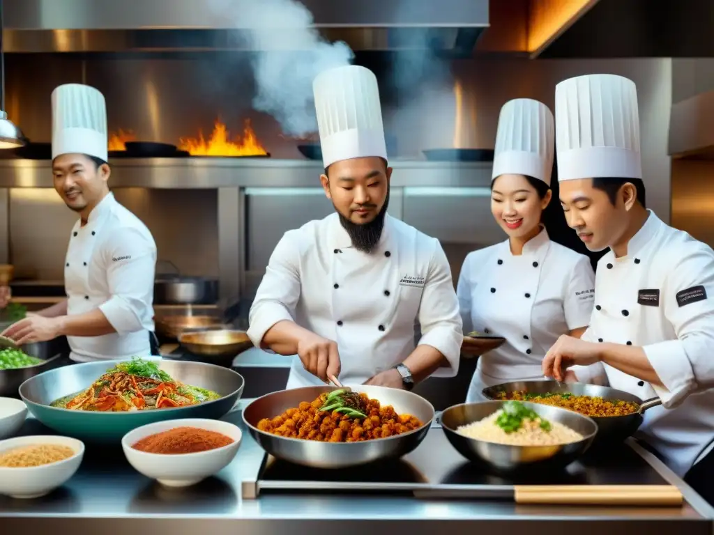 Un grupo diverso de chefs en una cocina asiática bulliciosa preparando recetas sin gluten asiáticas adaptadas con pasión y creatividad