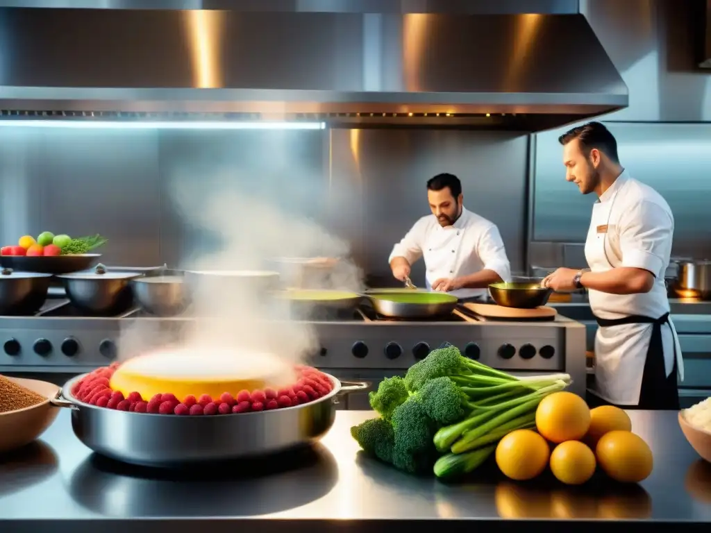 Un grupo diverso de chefs en una cocina bulliciosa, enfocados en sus tareas de medir, batir y decorar un pastel sin gluten