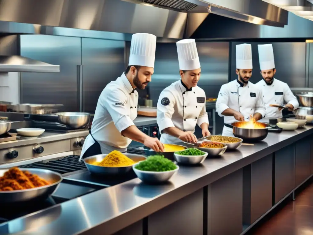 Un grupo diverso de chefs en una cocina de restaurante de alta gama preparando platos famosos sin gluten innovadores con atención meticulosa