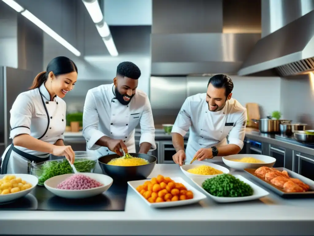 Un grupo diverso de chefs y cocineros preparan platos sous vide sin gluten en una cocina moderna