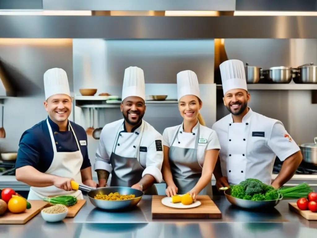 Un grupo diverso de chefs con diferentes culturas cocinando juntos en una cocina moderna y equipada con ingredientes sin gluten