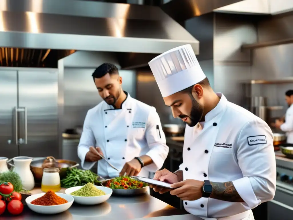 Un grupo diverso de chefs debate y prueba platos sin gluten en una cocina moderna