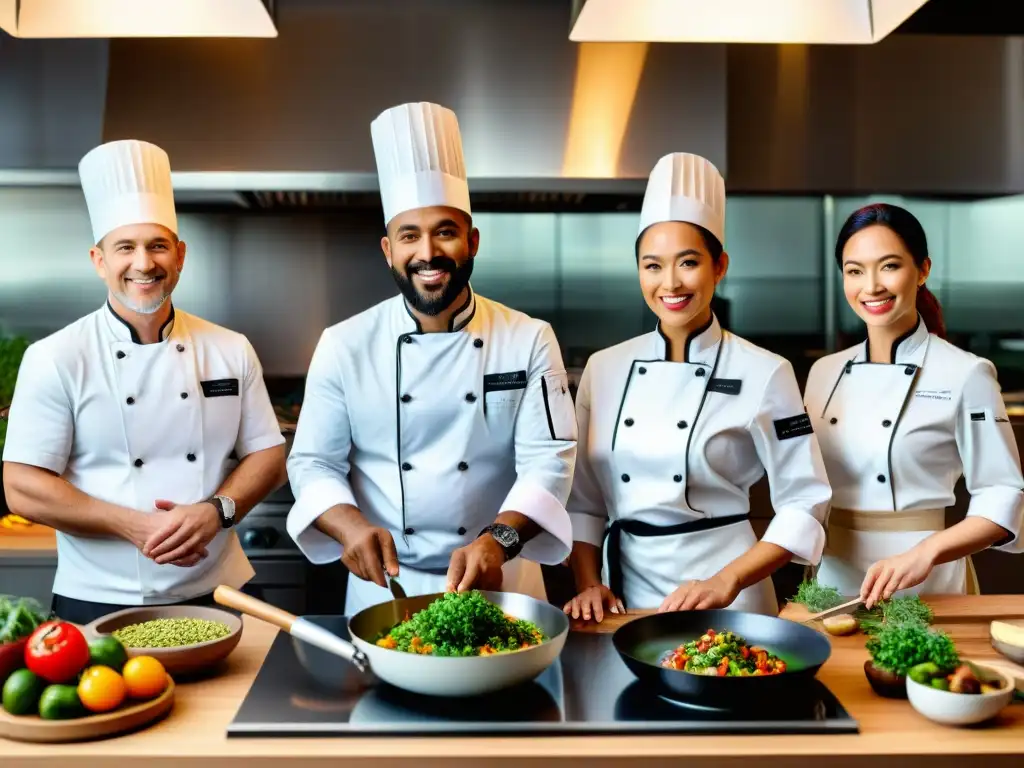 Clase de cocina glutenfree: chefs apasionados y diversos Un grupo diverso de chefs enseña cocina sin gluten en un ambiente vibrante y acogedor
