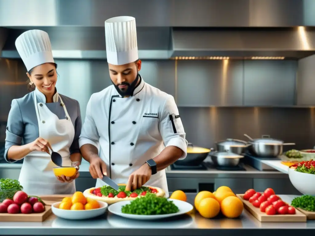 Un grupo diverso de chefs expertos cocinando sin gluten en una cocina moderna, brindando consejos para cocinar sin gluten con pasión y creatividad