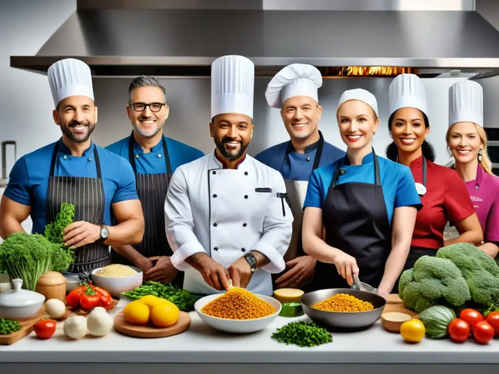 Un grupo diverso de chefs expertos en una cocina moderna, mostrando técnicas de cocina sin gluten