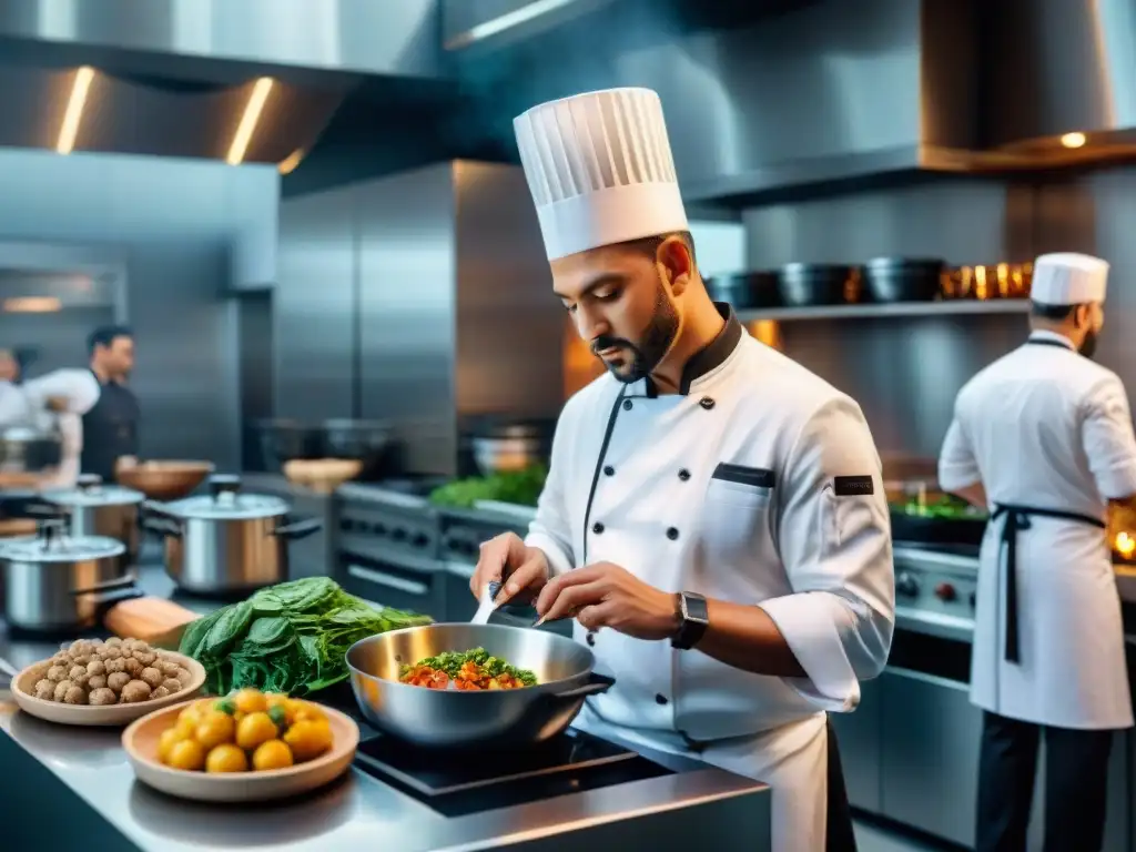 Un grupo diverso de chefs famosos preparando apasionadamente recetas sin gluten de autor en una cocina moderna y sofisticada