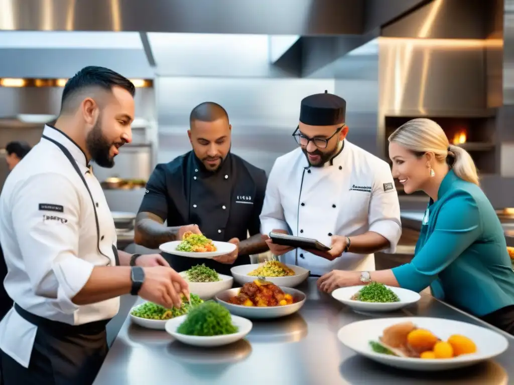 Un grupo diverso de chefs y gerentes de restaurante colaborando en una cocina moderna y elegante, discutiendo recetas sin gluten