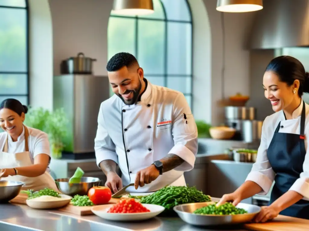 Un grupo diverso de chefs sonríe mientras aprenden a cocinar sin gluten en una cocina moderna