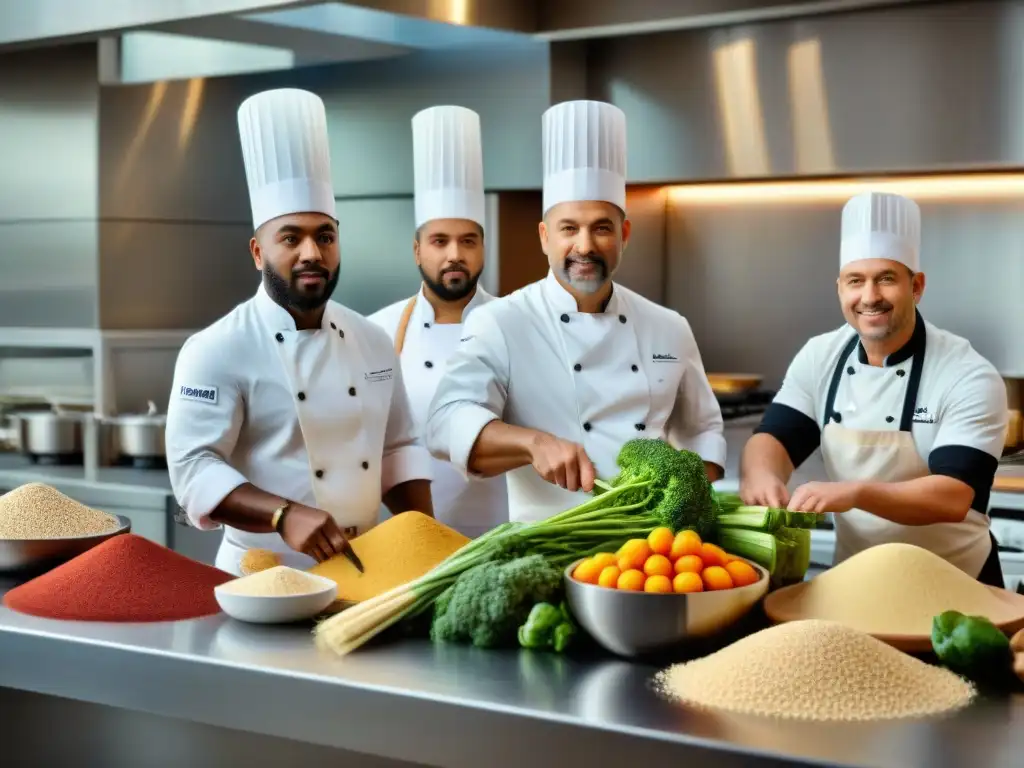 Un grupo diverso de chefs prepara ingredientes sin gluten en una cocina moderna y luminosa