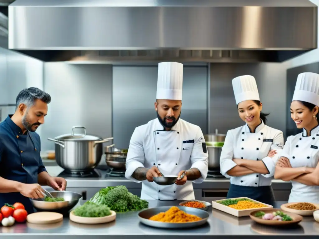 Un grupo diverso de chefs trabajando juntos en una cocina moderna, cocinando recetas innovadoras sin gluten