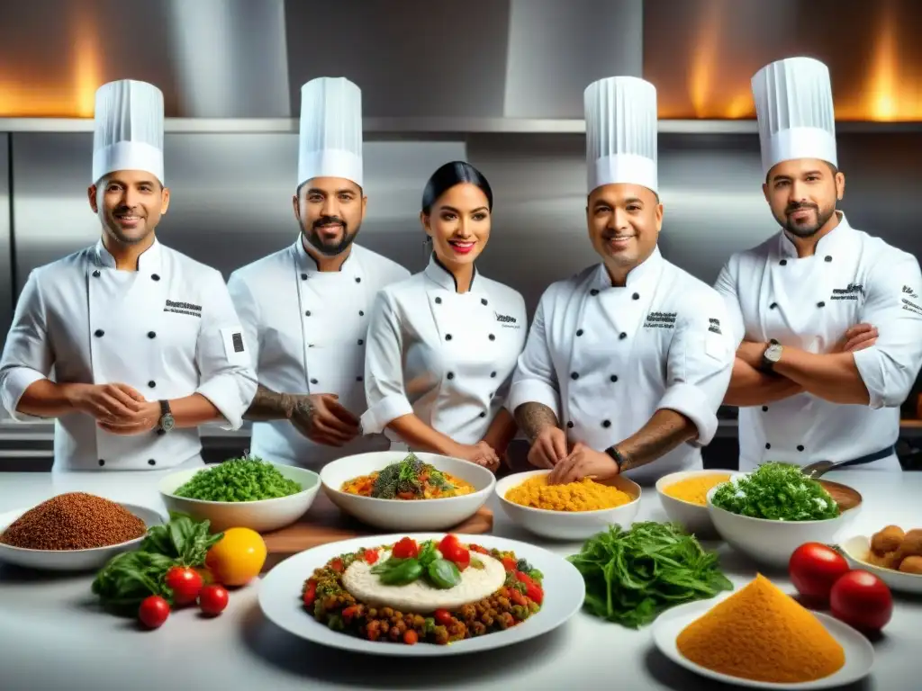 Cocineros Latinos crean platos glutenfree innovadores en cocina moderna Un grupo diverso de chefs latinos en una cocina moderna, preparando apasionadamente platos sin gluten