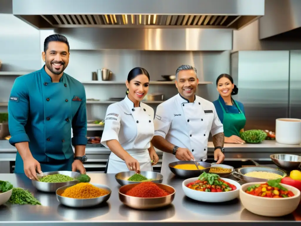 Chefs latinos apasionados crean platos sin gluten en cocina moderna Un grupo diverso de chefs latinos apasionados preparando platos sin gluten en una cocina moderna