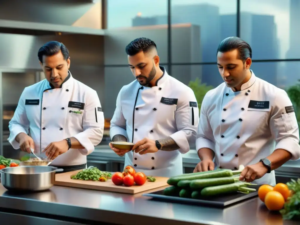 Equipo creativo de chefs latinos en cocina moderna Un grupo diverso de chefs latinos en una cocina moderna creando platos innovadores sin gluten