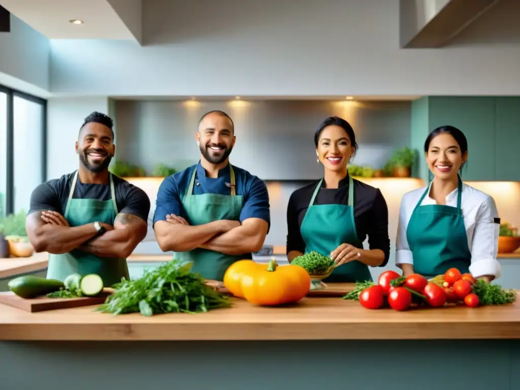 Un grupo diverso de chefs latinos preparando recetas sin gluten innovadoras