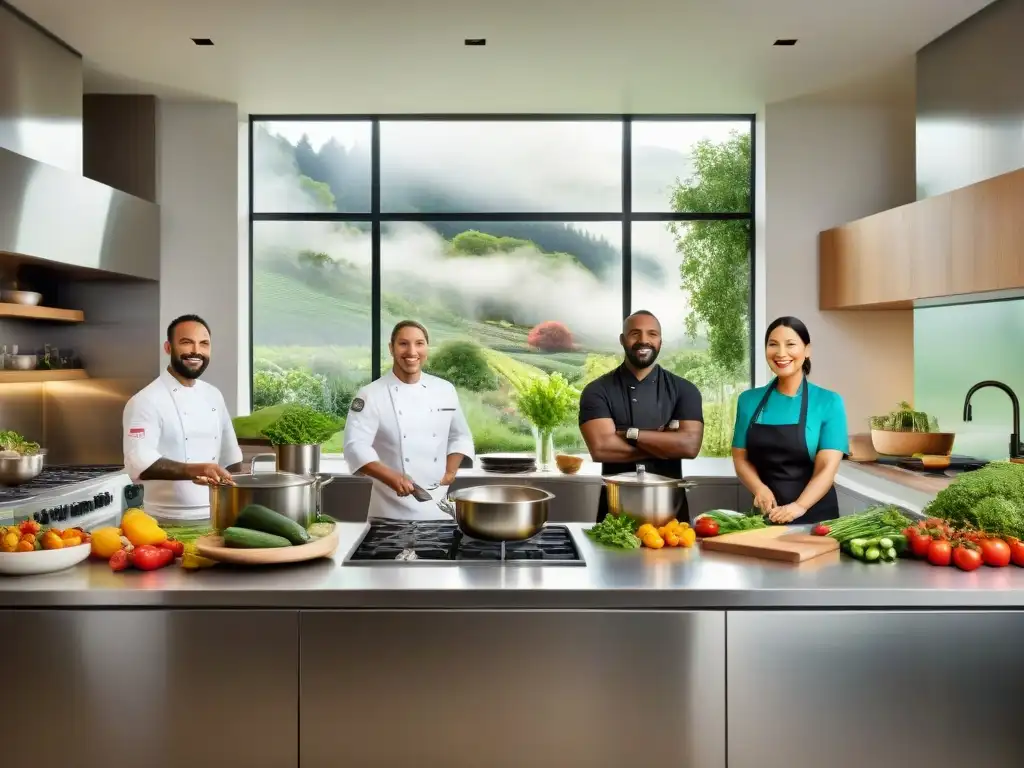 Un grupo diverso de chefs colabora con pasión en una cocina moderna y luminosa, rodeados de ingredientes frescos y coloridos