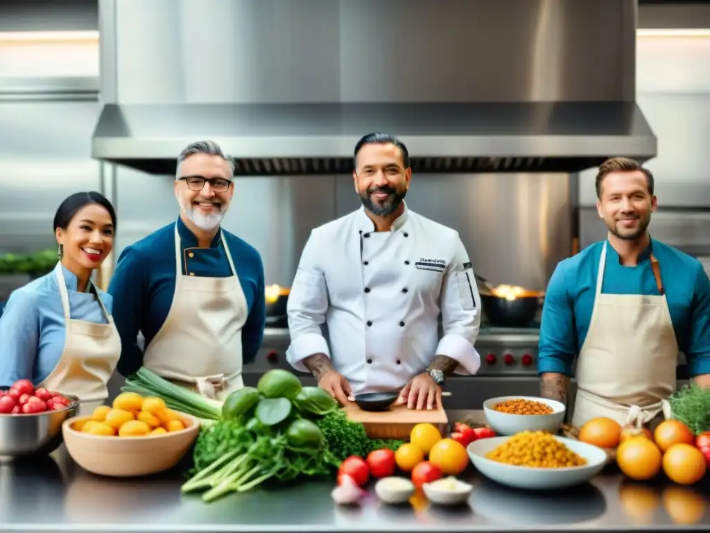 Chefes apasionados en cocina glutenfree de vanguardia Un grupo diverso de chefs cocinando con pasión en una cocina de última generación llena de ingredientes sin gluten