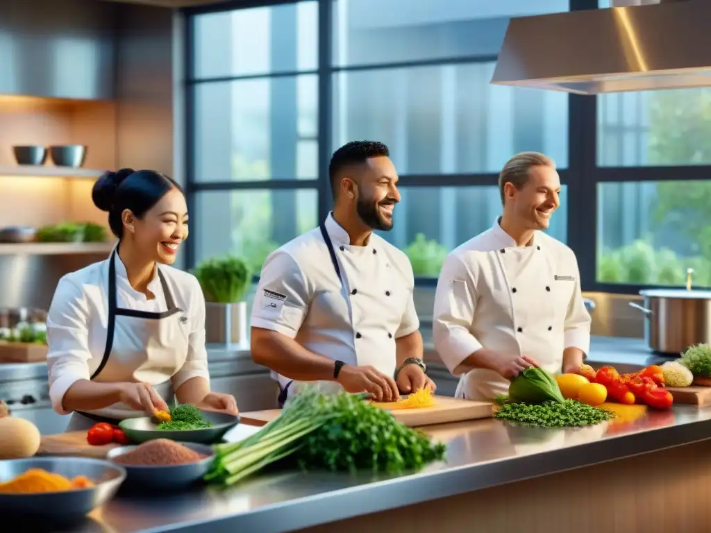 Un grupo diverso de chefs preparan platillos sin gluten en una cocina moderna y colorida