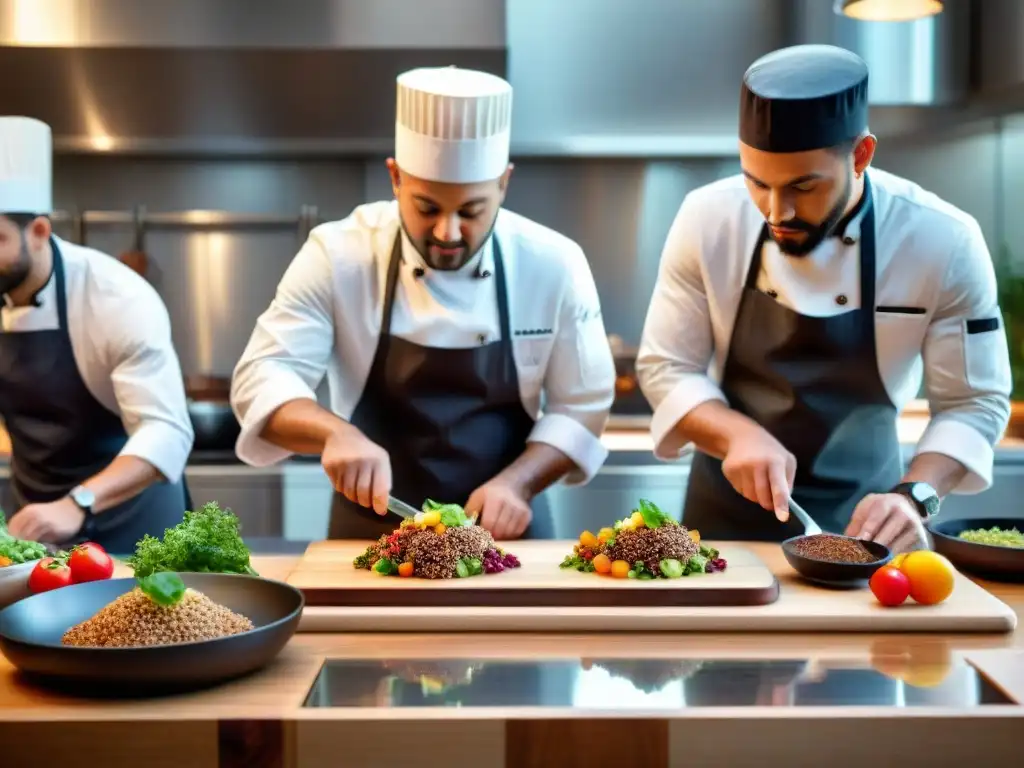 Un grupo diverso de chefs creando platos sin gluten innovadores en una cocina moderna