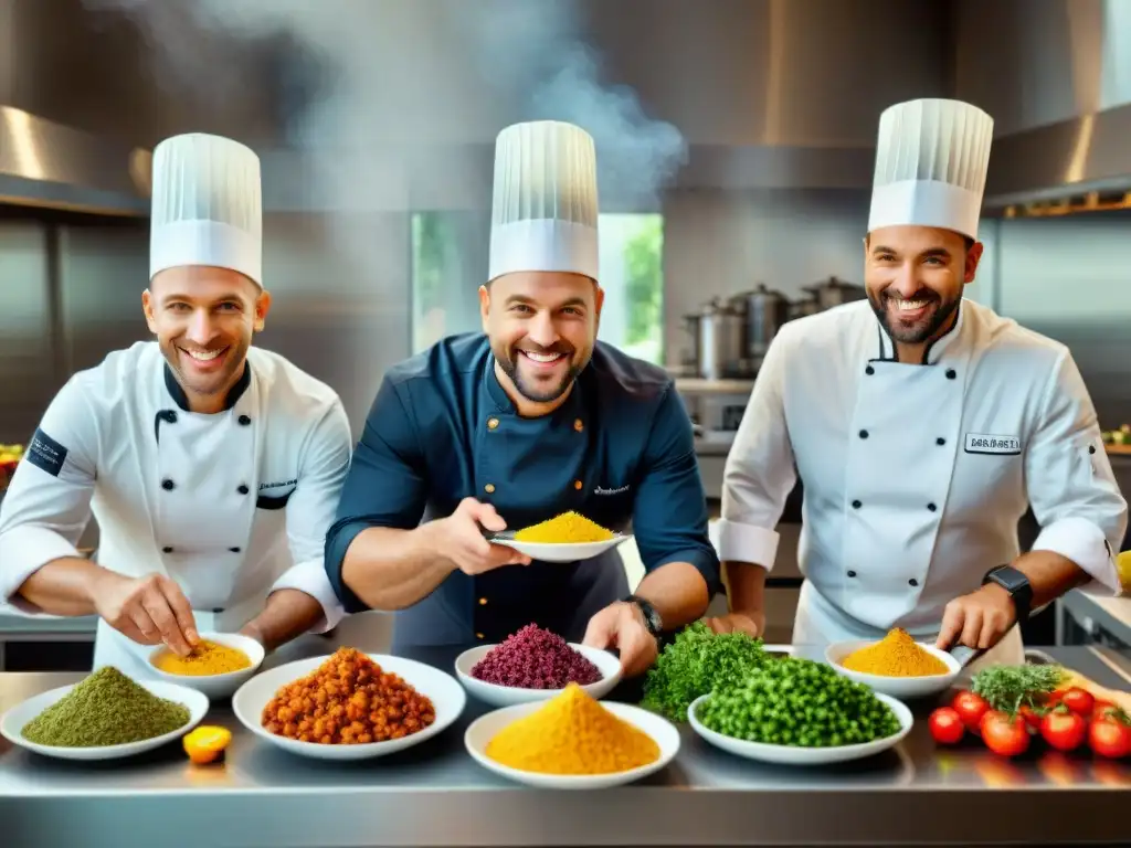 Un grupo diverso de chefs prepara platos sin gluten en una cocina moderna y colorida