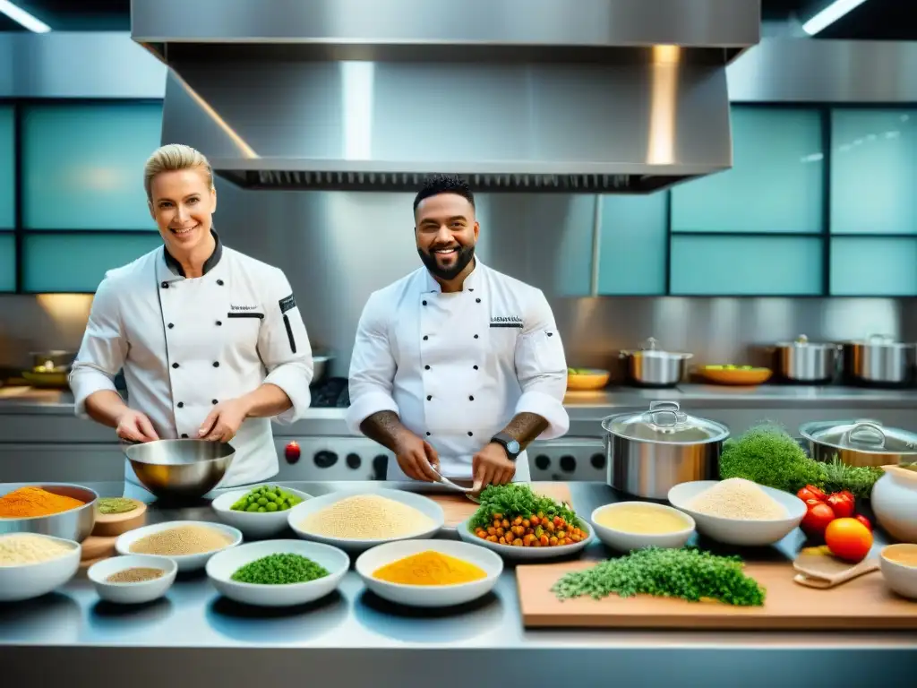 Un grupo diverso de chefs preparando platos sin gluten en una cocina moderna