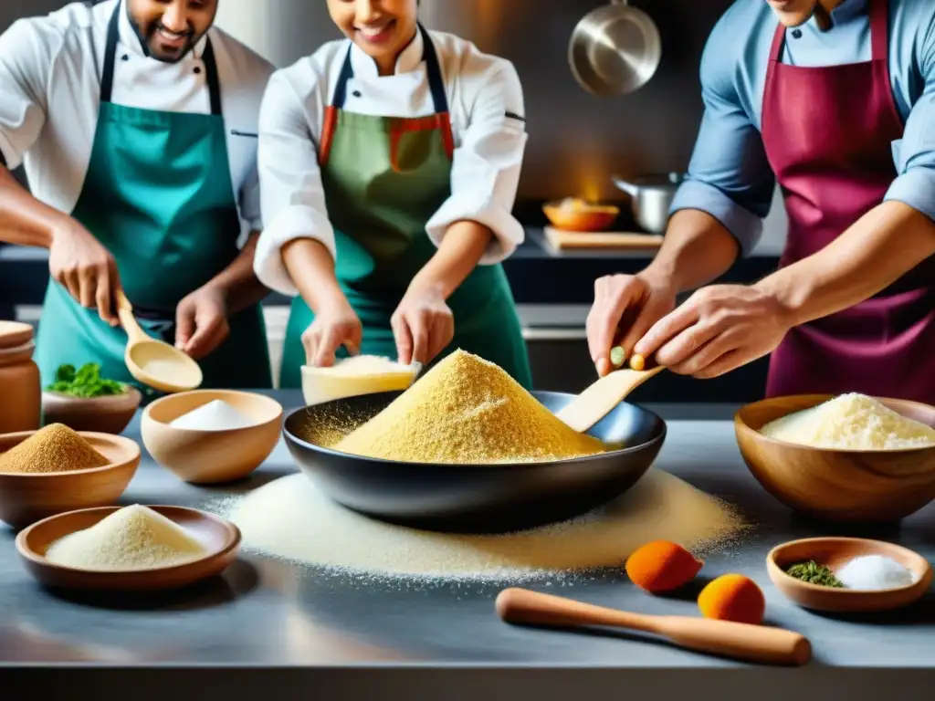 Un grupo diverso de chefs preparando platos tradicionales con harinas sin gluten para cocinar